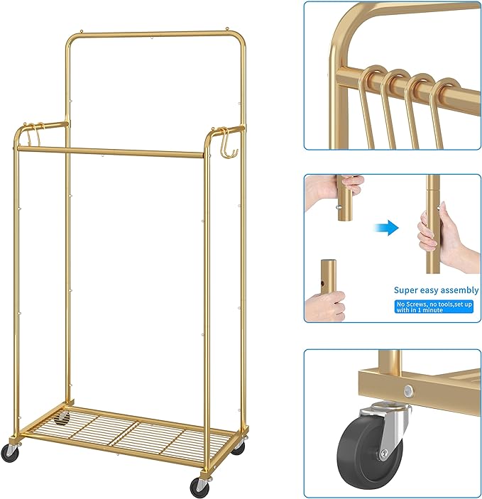 Simple Trending Double Rod Clothes Garment Rack, Heavy Duty Clothing Rolling Rack on Wheels for Hanging Clothes,with 4 Hooks, Gold