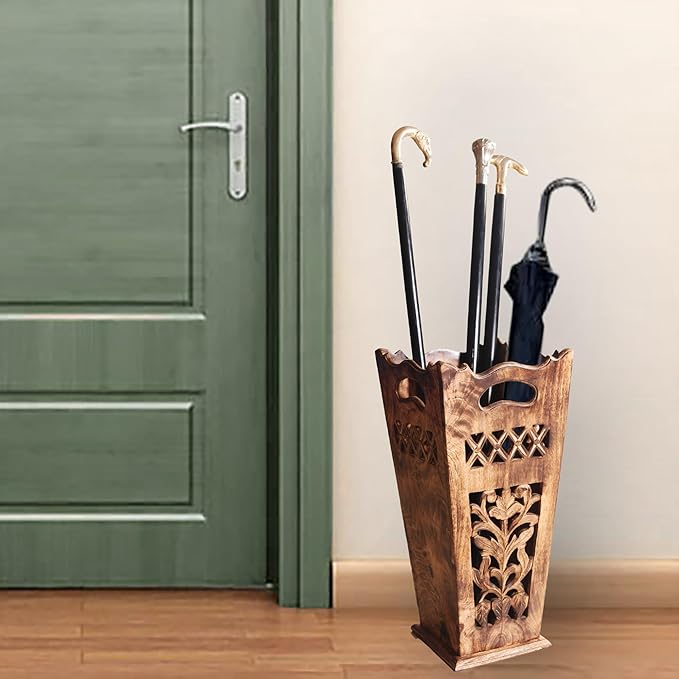 Antique Wooden Umbrella Stand & Walking Cane Holder for Home, Office & Entryway | Hand-Carved Solid Wood Umbrella & Cane Storage Rack | Size 21.5 x 8 x 8 in, Base 7.5 x 7.5 inches