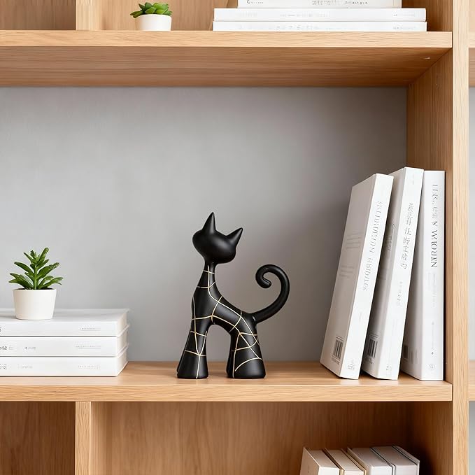 Octdays Modern Cat Statue Decor, Matte Black Abstract Cat Figurine with Hand-Painted Lines, Unique Resin Sculpture for Living Room, Bookshelf, Office, Minimalist Home Decor Gift for Cat Lovers