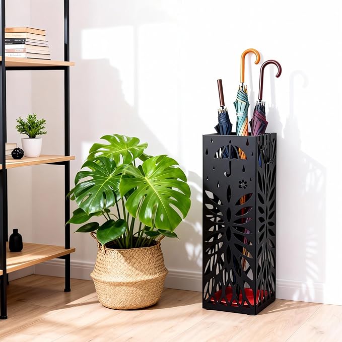 PrecisionAuto Versatile Metal Umbrella Stand for Entryway – Multi-Purpose Storage Rack – Cold-Rolled Steel, Removable Drip Tray & 4 Hooks – Stores Canes, Walking Sticks, Baseball Bats