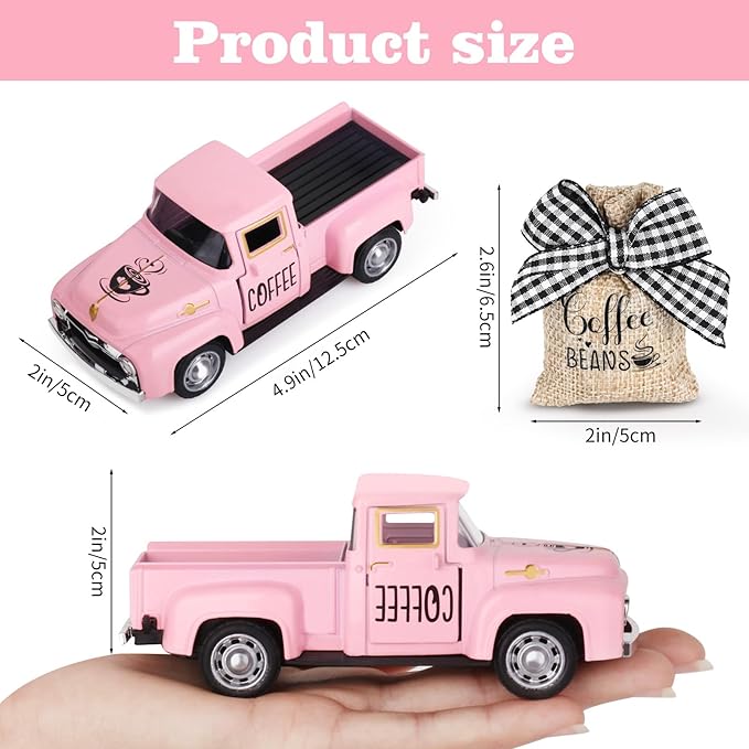 Coffee Decor for Coffee Bar Metal Truck with Coffee Beans Burlap Sack Vintage Pickup Mini Diecast Truck for Farmhouse Coffee Station Home Coffee Bar Tabletop Decorations (Pink)