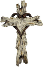 Rustic Wood-Look Resin Wall Cross with Barbed Wire & Nail Heart Accents – 11 ½” Christian Farmhouse Wall Décor, Inspirational Religious Gift (Whitewash)