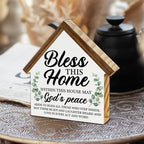 Housewarming Gifts, Christian Home Decor, Gifts for New Home Owner, Bless this Home House Shaped Wooden Block Sign Living Room Decor for Desk Table Shelf