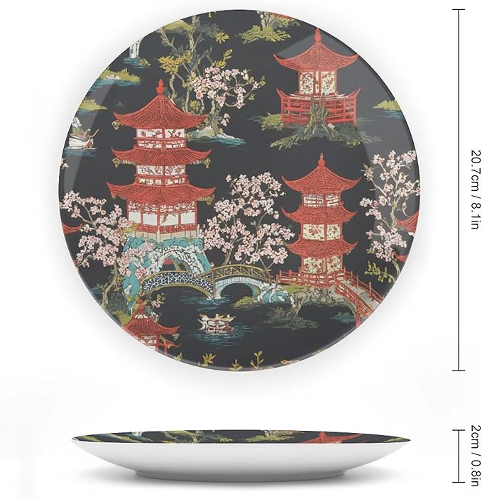Decorative Plate Chinoiserie Charcoal Coral Pagoda Asian Customize Decor for Festival Display Home Kitchen Ceramic Dinner Plate 1 Plate with 1 Display Stand, Multi Sizes, Gifts for Men Women