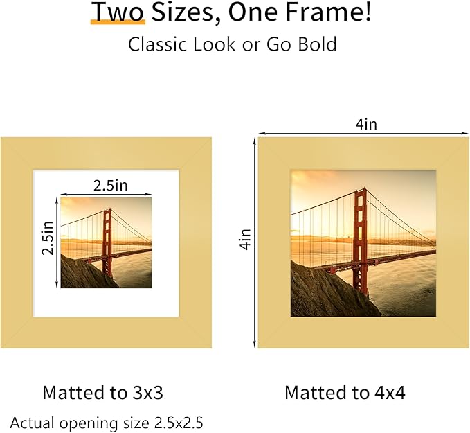 4x4 Picture Frame 3 Pack - Gold Poster Frame Display Pictures 3x3 with Mat or 4 x 4 Without Mat for Wall Hanging Horizontal and Vertical