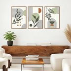 KAlRNE Sage Green Boho Beige Framed Canvas Wall Art Set of 3(24”X36”),Abstract Geometric Line Leaf Wall Decor,Botanical Minimalist Neutral Art Prints For Living Room Bedroom Office