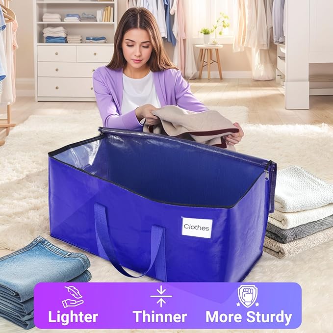 Moving Storage Bags, Moving Supplies Packing Boxes for Moving, Camping, College Dorm Room Essentials for Girls, Blue Tote Bags, Heavy-Duty Storage Bins With Lids And Zippers, 76L 2 Pack
