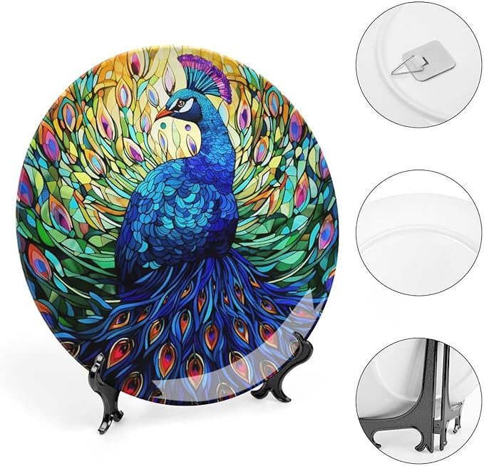 Decorative Plates, Colorful Peacock Stained Glass Design Ceramic Dinner Plate Home Wobble-Plate with Display Stand, Wall Hanging Decor for Kitchen Household 8 Inch, Gifts for Peacocks Lover