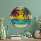 Coconut Trees Theme Decorative Ceramic Plate Round Porcelain Plate,10 inch,Beach Pattern,for Decorative Ornaments Giving Plates,1 Plate with 1 Display Stand,Orange Blue