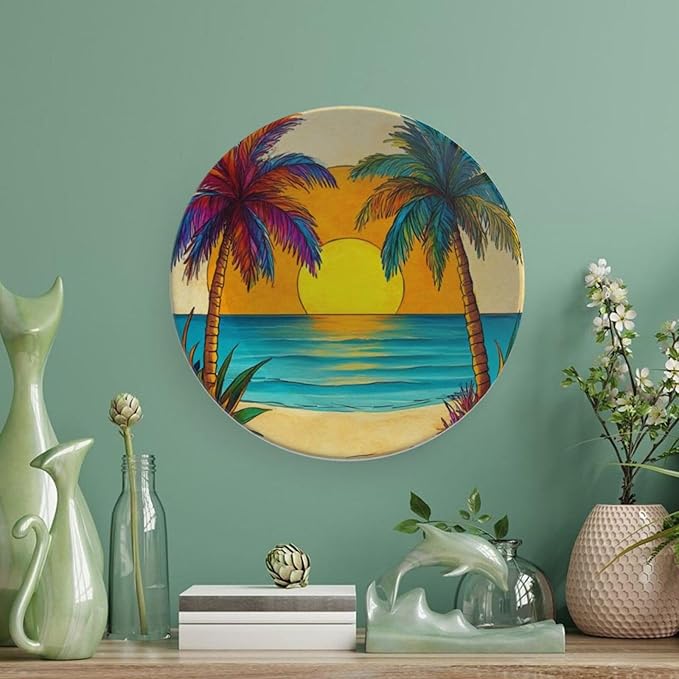 Coconut Trees Theme Decorative Ceramic Plate Round Porcelain Plate,10 inch,Beach Pattern,for Decorative Ornaments Giving Plates,1 Plate with 1 Display Stand,Orange Blue