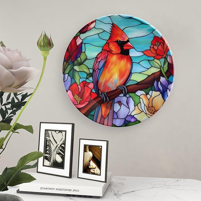 Decorative Plates for Home Decor, Winter Bird Stained Glass Design Decor Tray for Table Display, Ceramic Dinner Plate W/Stand, Living Room Dining Room Decor, Gifts for Loss of Loved, 8 Inch