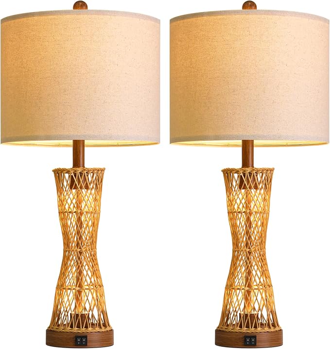 OYEARS 27" Table Lamps Set of 2 with Rattan & Dual Lights, Boho Lamps for Nightstands, Bedside Lamps for Bedroom, Nightstand Lamp for Living Room, Farmhouse Table Lamp for Office & Study