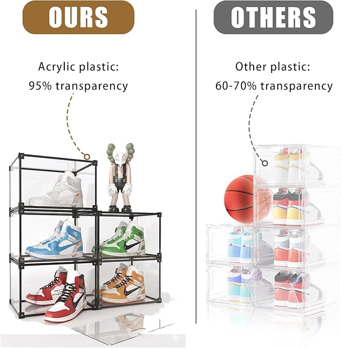 Magnetic Side Open Transparent Plastic Storage Shoe Box Clear Shoe Display Case Sneaker Shoe Storage Box Display Box Shoe Container Clear Closet Shelf Shoe Organizer (Black 4PC)