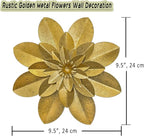 Golden Metal Flower Wall Art Decor, 9.5“ Rustic Modern Floral Sculpture, Distressed Iron Wall Hanging Home Decoration Accent Artworks for Indoor Kitchen Bedroom Living Room Office Outdoor Garden Patio