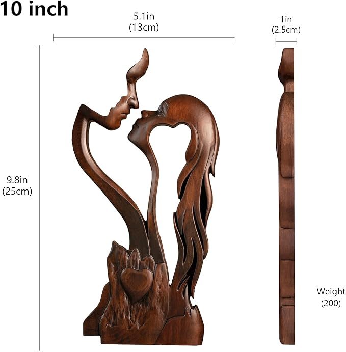BGCOPPER Wooden Kissing Couple Ornament, Abstract Couple Portrait Sculpture Romantic Love Statue Decor Gift for Women Anniversary Valentine Wedding - 10 Inch