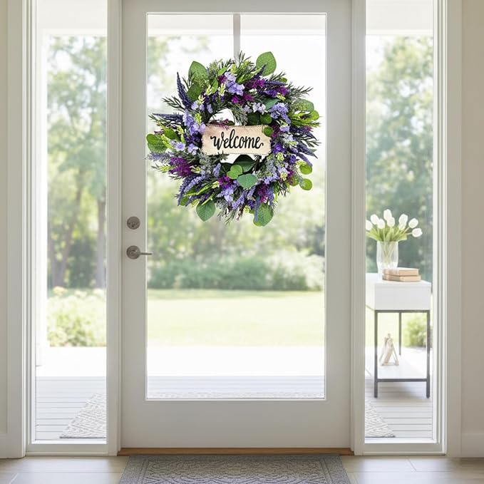 22 Inch Welcome Wreath for Front Door, Artificial Lavender and Eucalyptus Wreath for Spring Summer, Farmhouse Porch Decor Purple Floral Front Door Decoration for Wall Door Farmhouse