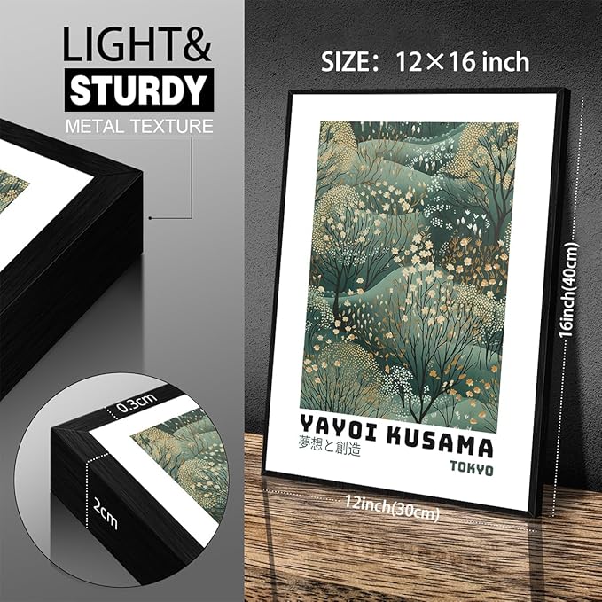 Yayoi Kusama Inspired Poster Japanese Botanical Wall Art Abstract Yayoi Kusama Print Modern Ukiyo-e Japanese Gallery Wall Decor 12x16in Black Framed for Home Bedroom Decorations