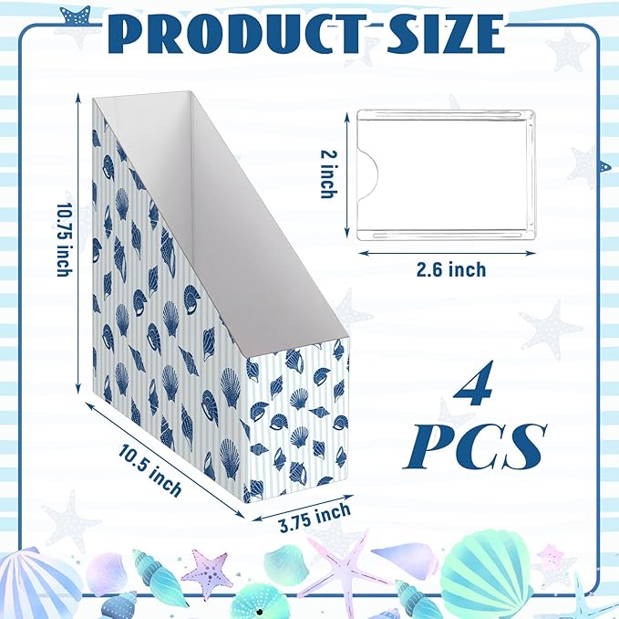 AmazingSpark Set of 4 Coastal Magazine Holder Decorative Foldable Magazine Storage Boxes with Acrylic Label Holders Coquettish Boho Organizer for Office Home Organization Storage