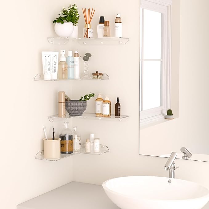 Sezanrpt 11.4x16 Inch Acrylic Corner Floating Shelf Set of 4, Clear Corner Wall Shelf for Home Décor, Speakers, Security Cameras, Toileries, Plants, Figures, Cosmetics, Books