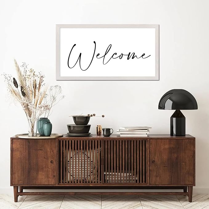 Retro Style Positive Saying Wood Sign with Religious Quotes Welcome White Frame Wooden Plaque for Bathroom Farmhouse Cottage Garden Yard Porch Cafe Bar Wall Decor Birthday Housewarming Gift 12x22in