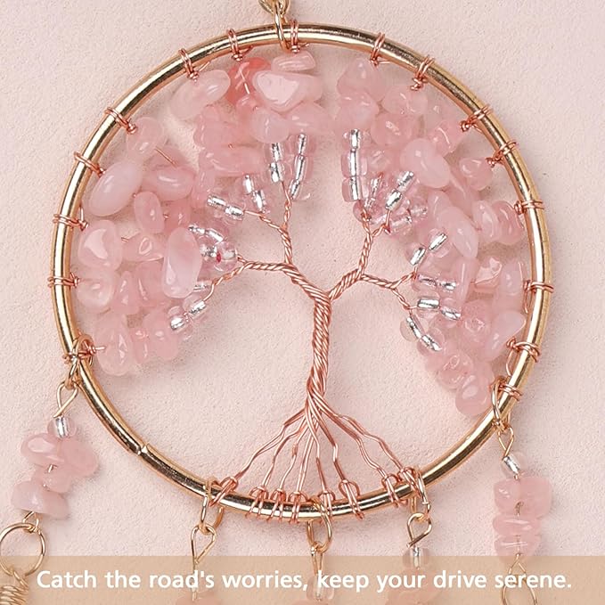 Pretty Jolly Small Tree of Life Crystal Stone Dream Catchers Pink Feathers Mini Dreamcatchers for Cars Rear View Mirror Hanging Decoration Good Luck Travel Charm Bedroom Ornaments for Women Girls