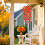 Fake Fall Hanging Flowers Artificial for Outdoor Decoration, 2 PCS Autumn Silk Faux Flowers Morning Glory with Eucalyptus Leaves, Realistic Hanging Plants for Wedding Home Office Garden Decor, Mix
