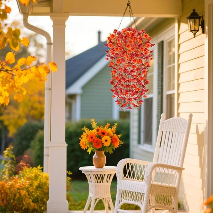 Fake Fall Hanging Flowers Artificial for Outdoor Decoration, 2 PCS Autumn Silk Faux Flowers Morning Glory with Eucalyptus Leaves, Realistic Hanging Plants for Wedding Home Office Garden Decor, Mix
