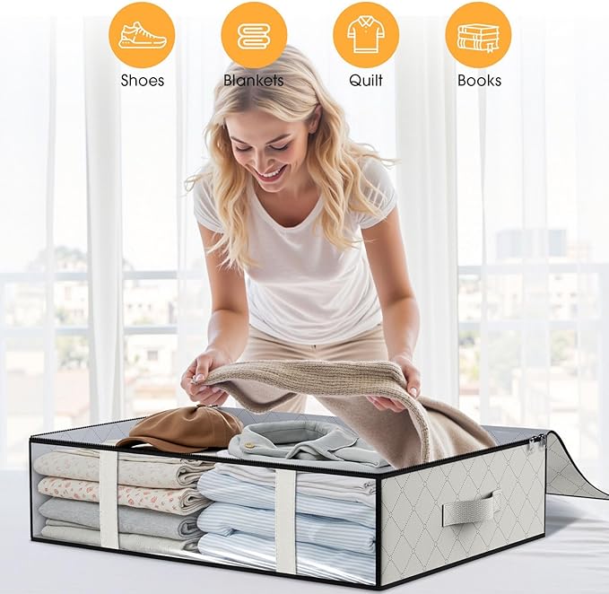 StorageRight Under Bed Storage Bags 6 Pack, 40L Large Clothes & Comforter Storage Containers with Clear Window, Breathable Fabric Organizer for Blankets, Bedding, Seasonal Clothing, White
