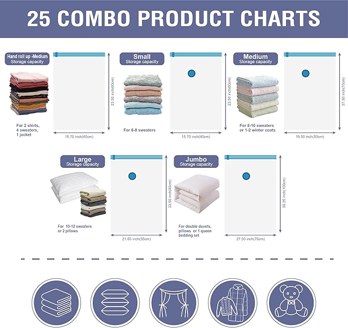 Cozy Essential Vacuum Storage Bags, Compression Space Saver Bags for Clothes, Comforters, Blankets, Pillow, Bedding, Sealer Clothing Storage,25 Combo