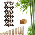 9 Tier Bamboo Shoe Rack, Foldable Shoe Rack, Shoe Rack, Ertical Shoe Organizer for Small Spaces, No Assembly Narrow Shoe Shelf for Entryway Closet Dorm (Brown, 6 Layers)