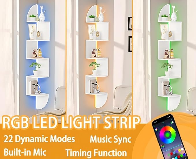Waipfaru Corner Shelf, 5 Tier Bookshelf with LED Light, Corner Shelf Wall Mounted, Floating Shelves for Wall, Display Stand for Bedroom, Living Room, Bathroom, Home, Office, White