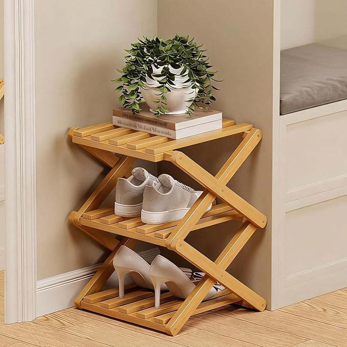 The 9-Tier No-Assembly Bamboo Rack, 2-9 Tier Folding Shoe Storage Rack, Space-Saving Organizer for Shoes, No Assembly Narrow Shoe Shelf for Entryway Closet Dorm (Natural, 3 Tier)