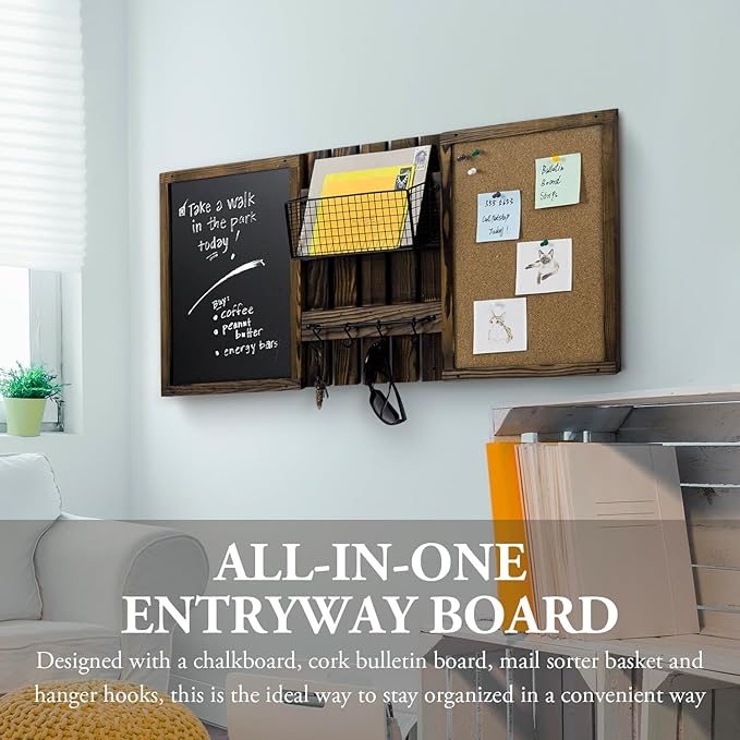 MyGift 3 Panel Wall Mounted Entryway Bulletin Board Combo Set with Rustic Burnt Solid Wood Frame with a Chalkboard, Cork Board, Black Metal Mail Basket, and Hanging Rail