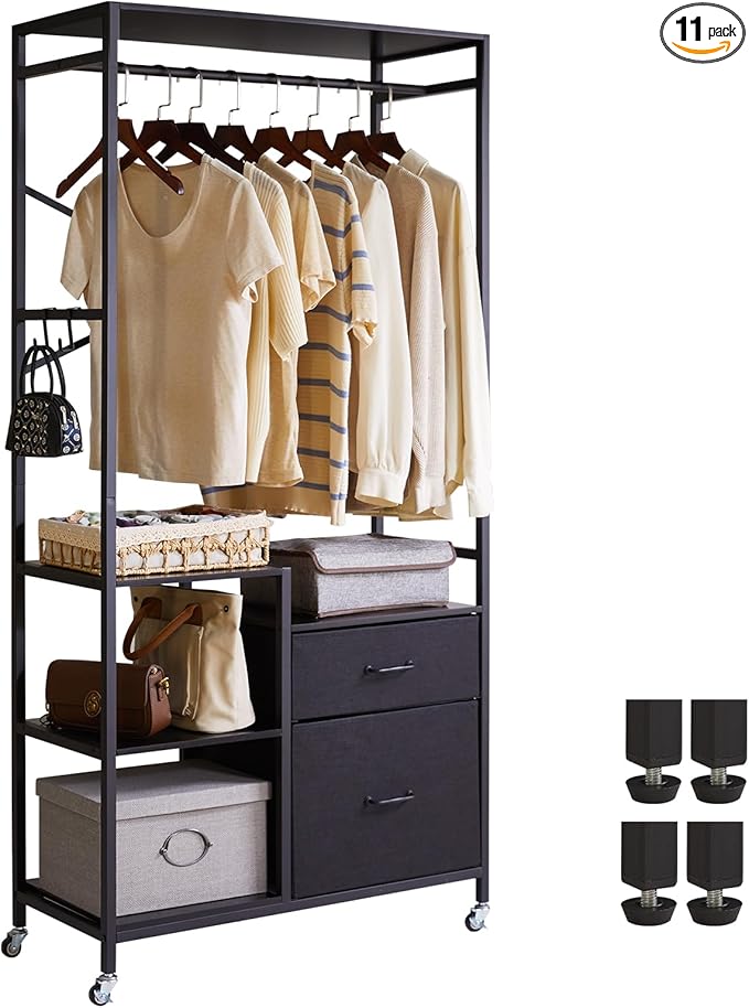 Clothes Rack, Heavy Duty Garment Rack for Hanging Clothes, Industrial Clothing Racks with Shelves, 2 Fabric Drawers, 4 Hooks, 1 Hanging Rods Black YD-TM080B