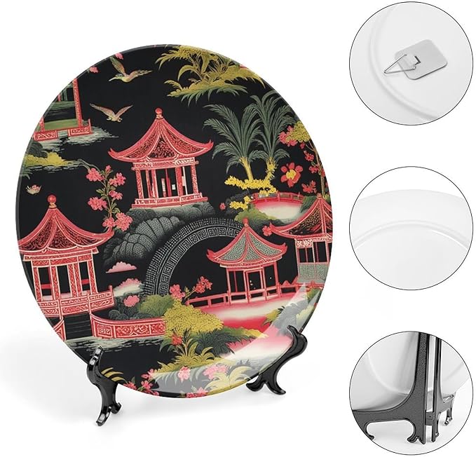 Chinoiserie Charcoal Coral Pagoda Asian China Plates of 6", 7", 9", 10", Customize Blue And White Plates, Office Festival Decorations Table, with Display Stand And Hook Up