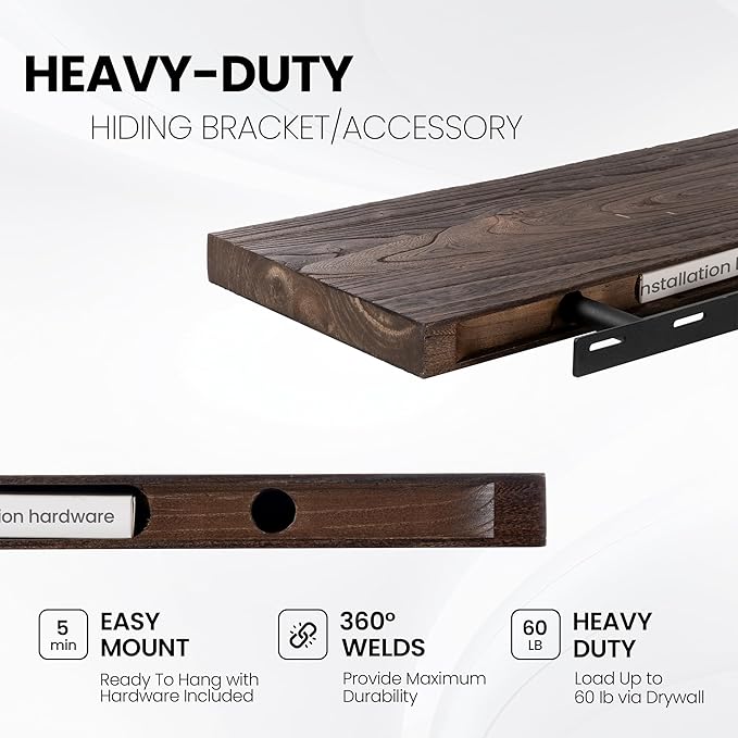 Fun Memories Floating Shelves for Wall Set of 2, Rustic Solid Elm Wood Wall Shelves 24 Inch - Invisible Bracket Mount for Living Room, Bathroom, Bedroom, Kitchen, Walnut