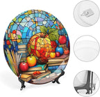 Decorative Plates for Wall Hanging, Back to School Stained Glass Painting Ceramic Plate w/ Display Stand, Home Decor for Kitchen Cabinets, Farmhouse Round Tray 10 Inch, Gift for Teacher Or Student