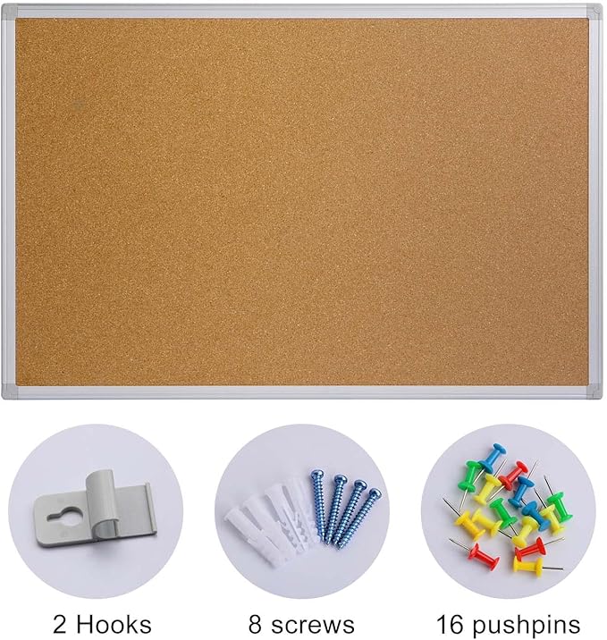 Cork Board Bulletin Board 20 x 30 Inches, Silver Aluminium Framed Corkboard, Office Board for Wall Cork, Large Wall Mounted Notice Pin Board