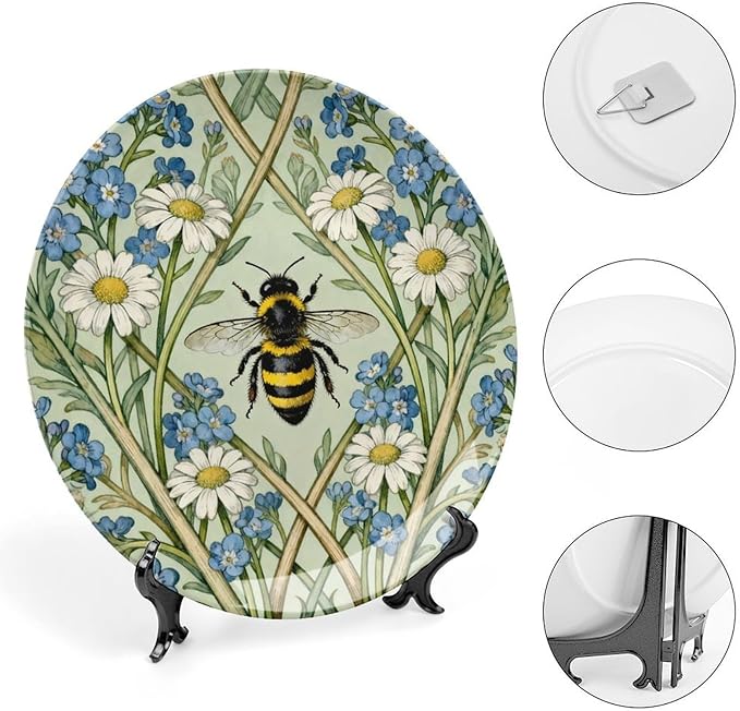 Home Decorations Plates Ceramic, William Morris Flowers And Bees Customize Christmas Gifts Ceramic Dinner Plates for Art Decoration Table Festival Decor, with 1 Display Stand