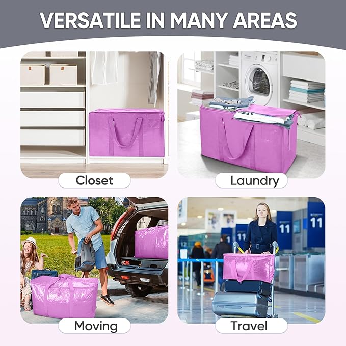 TICONN 2 Pack Extra Large Moving Bags Heavy Duty with Zippers & Carrying Handles, Durable Storage Bags Moving Boxes for Closet Organizers and Storage (2 Pack, Pink)