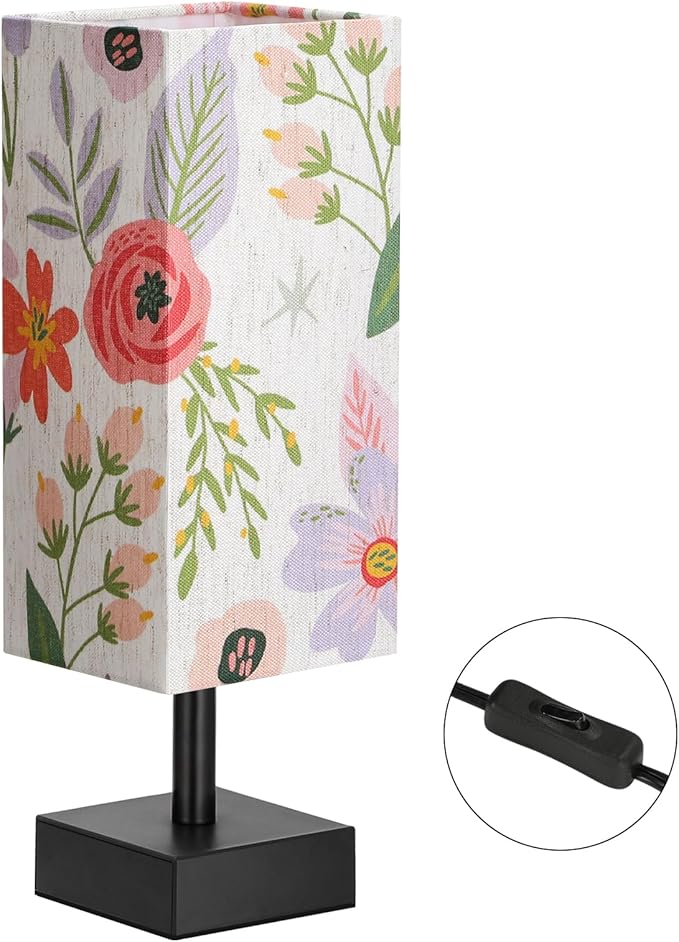 aooshine Flower Table Lamp for Bedroom - Bedside Lamp for Nightstand, Minimalist Night Stand Light Lamp with Square Fabric Shade, Desk Reading Lamps for Kids Room Living Room Office Dorm