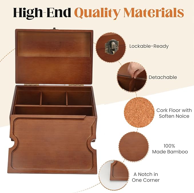 Large Bamboo Storage Box with Removable Tray Kit - Decorative Box Set, Glass Jars, and Accessories Wooden Storage Kit and Accessories Tool.Birthday Gifts
