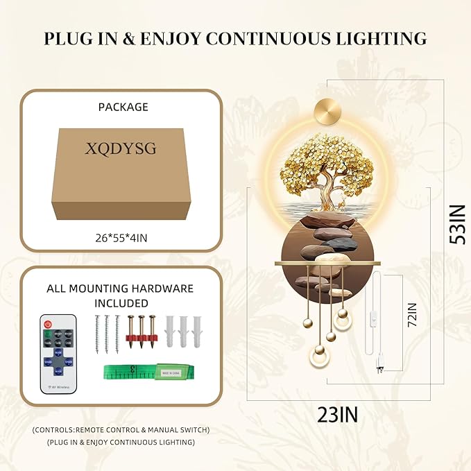 3D Art Wall Decor with Light, Art 3D Decor Wall Sculptures LED Modern Home Decors Picture Walls Light Chinese, Plug-in Power Supply, Gold T, 23x53IN