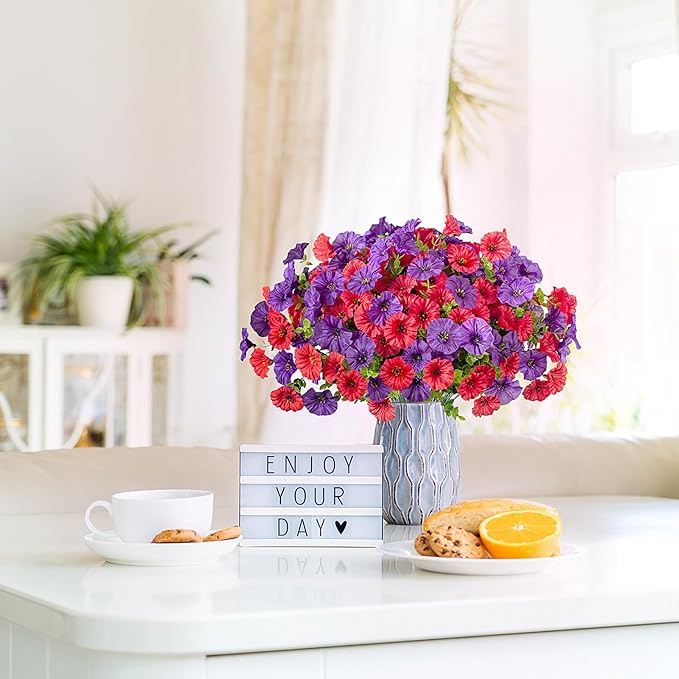 Artificial Flowers for Outdoors Decoration, 12 Bundles Fake Plastic Flower Plant, Faux Colorful Silk Morning Glory Eucalyptus for Spring Summer Outside Garden Porch Front Door Decor, Red Purple