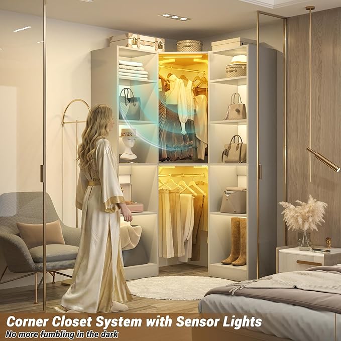 Corner Closet System with 2 Motion Sensor Lights, 39.2" Corner Closet Organizer with 12 Shelves, Closet Corner with 2 Hanging Rods, Versatile 6-Tier Walk-in Closets for Corner Space, Grey