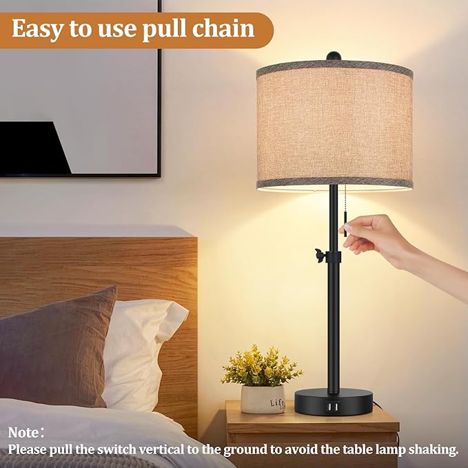 Kondras Table Lamps for Bedroom Set of 2, 23''-30'' Adjustable Height Bedside Lamps with 2 USB Ports, Black Nightstand Lamps with Grey Linen Shade, Modern Stylish Living Room Lamp Set with Pull Chain
