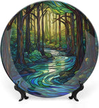 Stained Glass Theme Decorative Ceramic Plate Round Porcelain Plate,7 inch,Sunrise Forest Stream Pattern,for Decorative Ornaments Giving Plates, 1 Plate with 1 Display Stand,Green Blue Gold