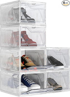 AWTATOS Shoe Boxes with Magnetic Door, Stackable Shoe Storage Organizer with Lids, Folding Shoe Rack for High Heels, Thickened Sneaker Storage Container, 6 Pack, Clear