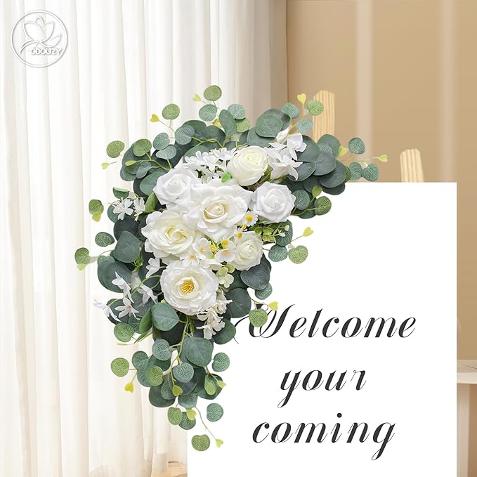 Odouzy Artificial Wedding Arch Flowers for Wedding Sign,Set of 2 for Welcome Ceremony Sign,Faux Floral Swags,Wedding, Banquet and Reception Backdrop Floral Decoration (White Champagne)