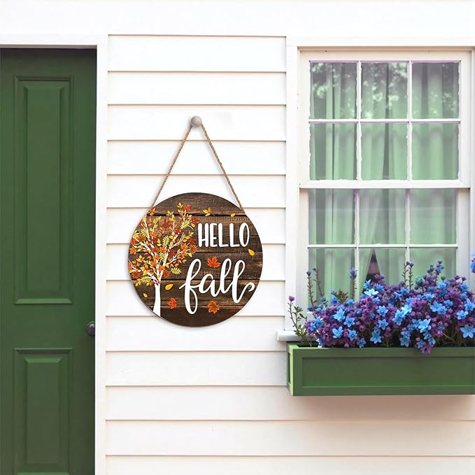 Hello Fall Wreath for Front Door Fall Tree Welcome Door Sign 12x12 Inch Autumn Maple Leaves Wood Door Hanger Farmhouse Thanksgiving Hanging Plaque for Home Porch Wall Indoor Outdoor Decorations